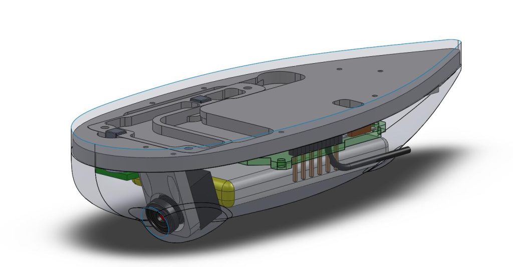 Cad rendering of FlySight v2 from elevate persepctive. Magnet for reed switch activation is visible.